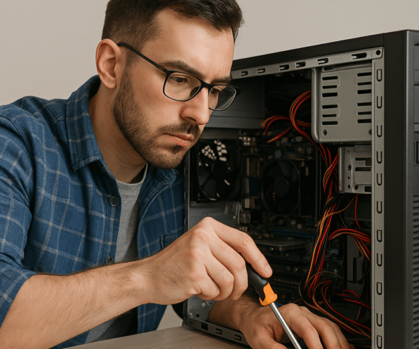 Hombre reparando la caja de un PC
