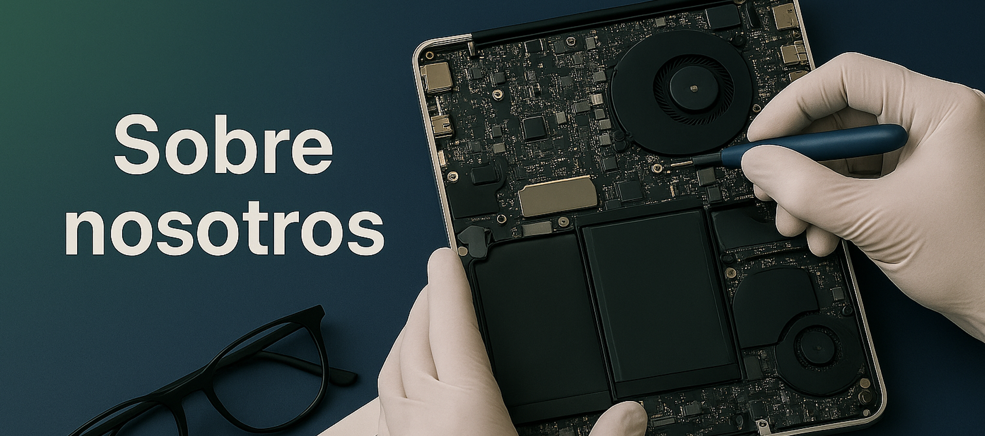 Portada con hombre reparando una tablet con guantes