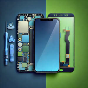 DALL·E 2025-05-13 09.40.09 - A square image with a background split into two solid colors_ dark blue on one side and normal green on the other, with no blending between them. In t Reparación pantalla