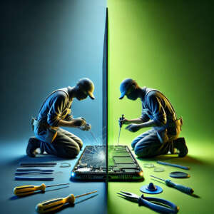 DALL·E 2025-05-13 09.48.34 - A realistic image depicting a screen repair scene. The background is evenly divided into two solid color halves_ one side is dark blue, and the other 2 hombres reparando un móvil