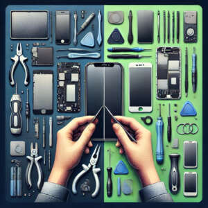 DALL·E 2025-05-13 09.52.35 - A realistic square image showing a technician's hands working on different phone repairs, not just screen replacement. There are multiple devices on a manos y herramientas